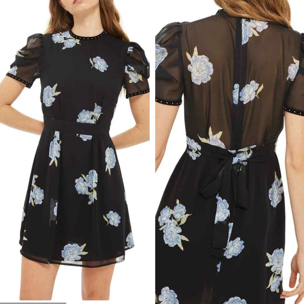 Topshop Dress Black Blue Floral Sheer Zip Back Tie Waist Puff Sleeves. NWT